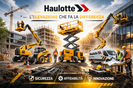 Immagine promozionale Haulotte con piattaforme aeree e sollevatori telescopici in un cantiere moderno. Operatori al lavoro utilizzano macchine gialle Haulotte tra edifici in costruzione