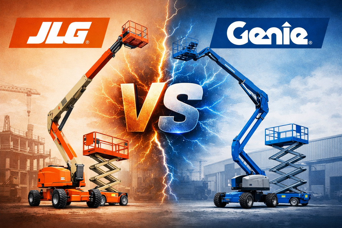 Comparativa de plataformas elevadoras JLG y Genie mostrando tijera, brazo articulado y telescópica, con iconos de altura, capacidad y seguridad, colores corporativos azul y naranja