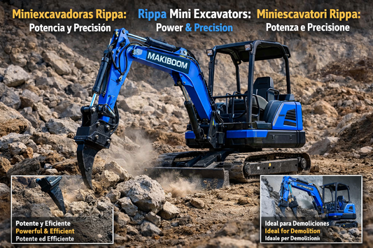 Miniexcavadora Rippa azul equipada con ripper hidráulico rompiendo terreno rocoso en obra, mostrando potencia, precisión y eficiencia para trabajos de excavación y demolición.