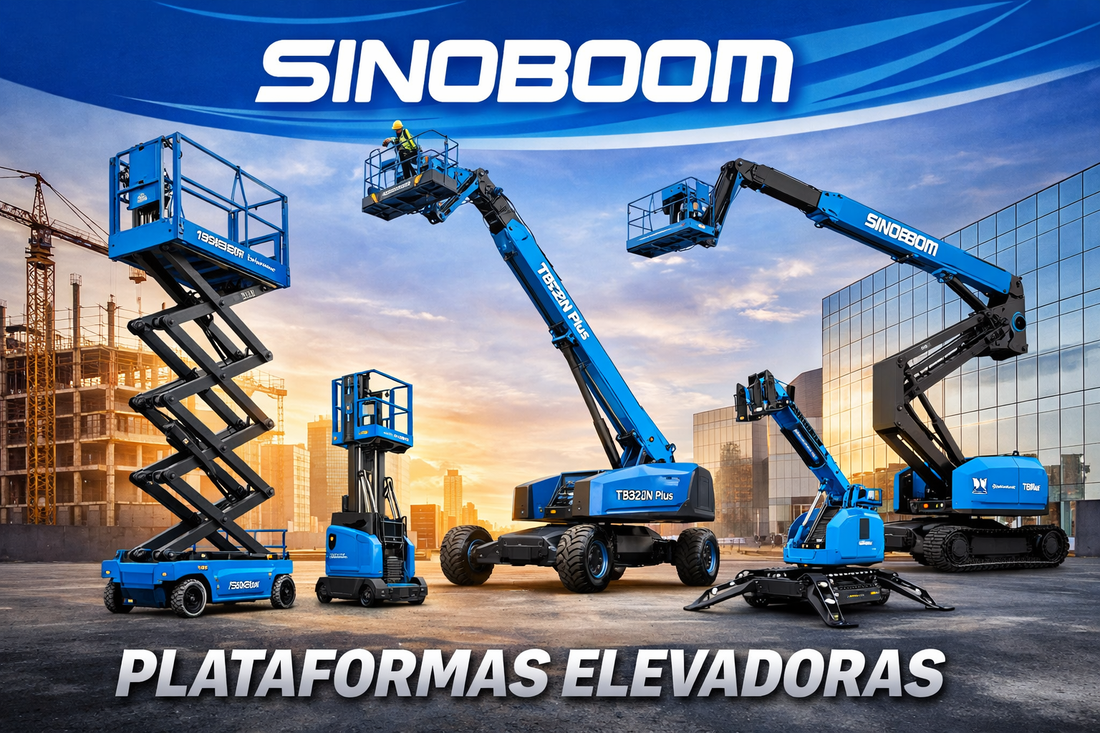 Plataformas elevadoras Sinoboom: modelos telescópicos, articulados, de tijera y spider en un entorno de construcción e industrial, destacando el logotipo Sinoboom y colores corporativos azules.