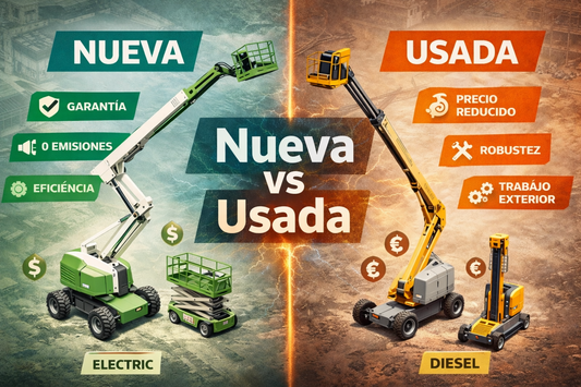 Comparativa de plataformas elevadoras nueva vs usada, mostrando un brazo telescópico y tijera nueva verde y tijera usada amarilla