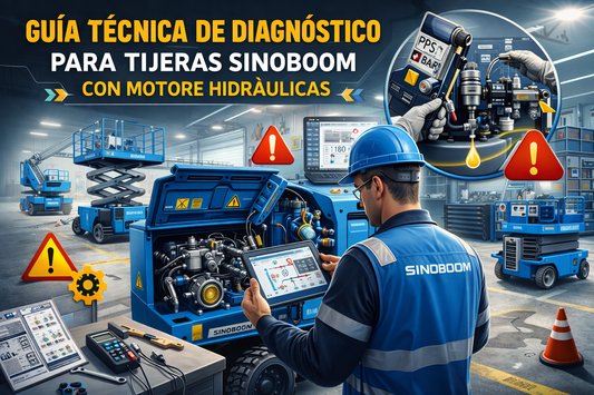 Técnico realizando diagnóstico en una tijera Sinoboom con motor hidráulico dentro de un taller industrial, revisando el sistema hidráulico abierto con una tablet mientras se muestran alertas de mantenimiento y componentes técnicos en detalle