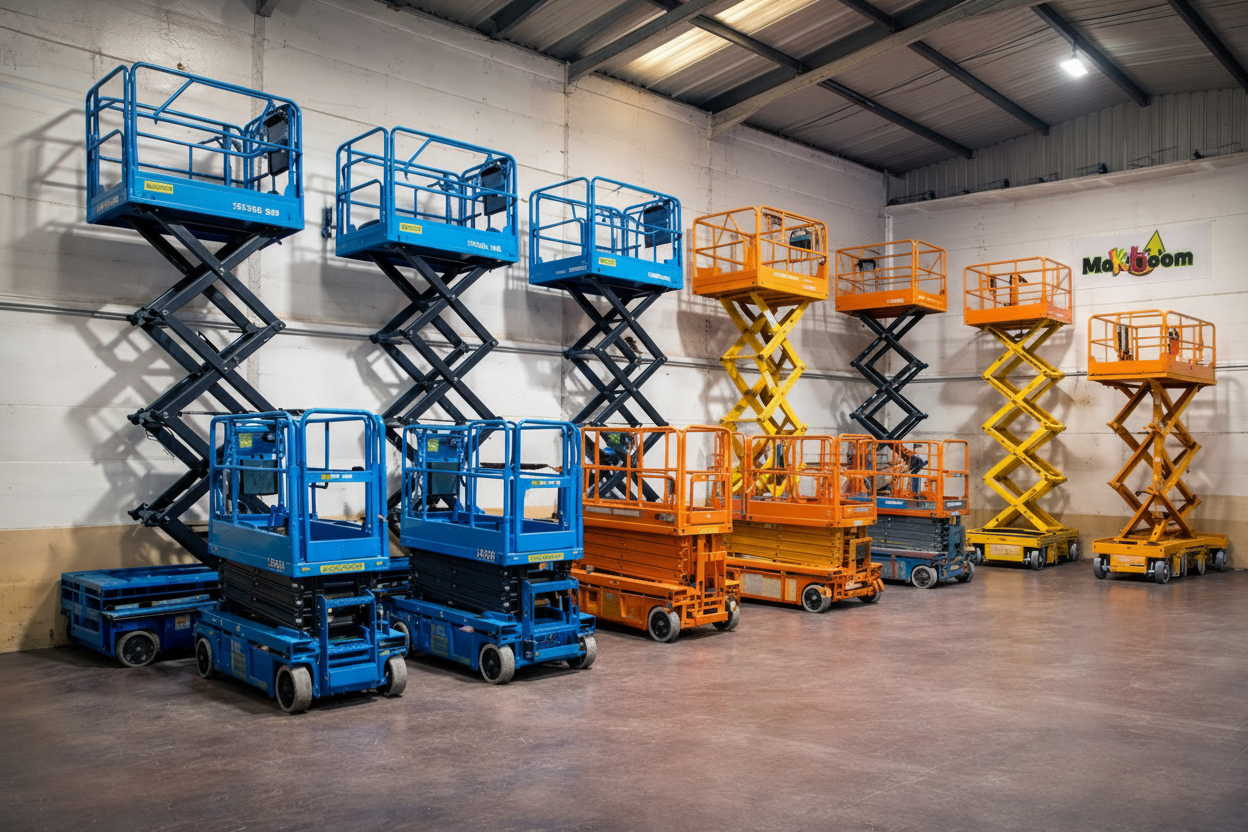 Plataformas elevadoras Makiboom - Tijeras eléctricas azules y naranjas en showroom profesional
