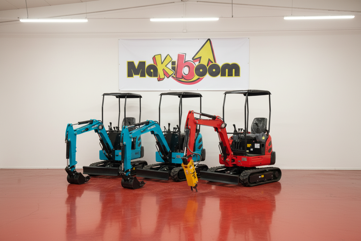 Miniexcavadoras Makiboom - Modelos compactos amarillos y azules en showroom profesional
